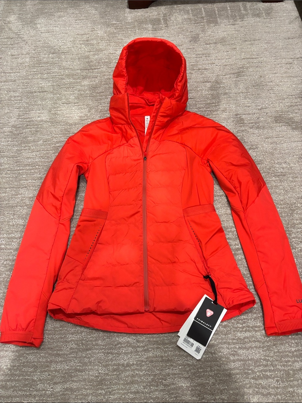NWT Lululemon down for it all jacket with removable hood. Size 8, carnation red.